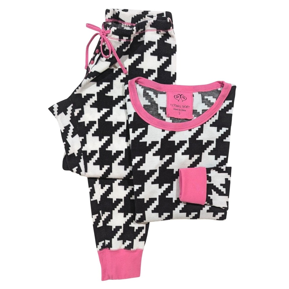 Y2K Victorias Secret Thermal Pajama Set Cotton Black Pink Houndstooth Waffle S